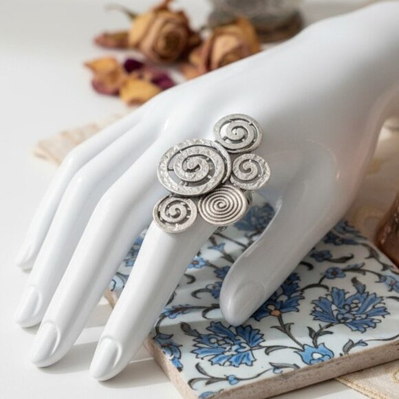 NKULTD Jewelry - Handmade Turkish Zamak Spiral Statement Ring Boho Chic Adjustable Silver Tone